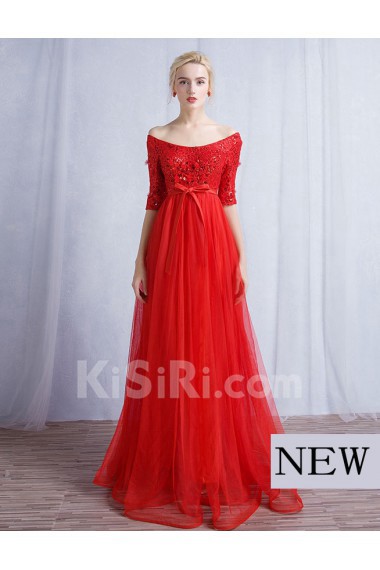 Tulle, Lace Off-the-Shoulder Floor Length Half Sleeve A-line Dress with Sash