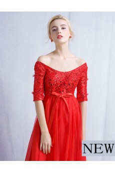 Tulle, Lace Off-the-Shoulder Floor Length Half Sleeve A-line Dress with Sash