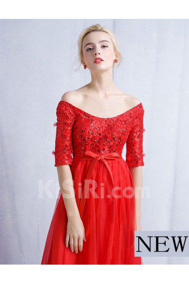 Tulle, Lace Off-the-Shoulder Floor Length Half Sleeve A-line Dress with Sash