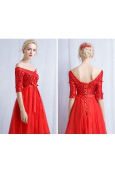 Tulle, Lace Off-the-Shoulder Floor Length Half Sleeve A-line Dress with Sash