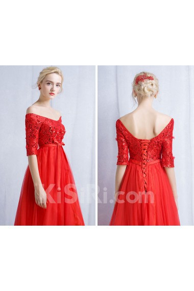 Tulle, Lace Off-the-Shoulder Floor Length Half Sleeve A-line Dress with Sash