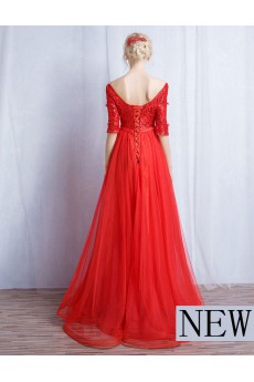 Tulle, Lace Off-the-Shoulder Floor Length Half Sleeve A-line Dress with Sash