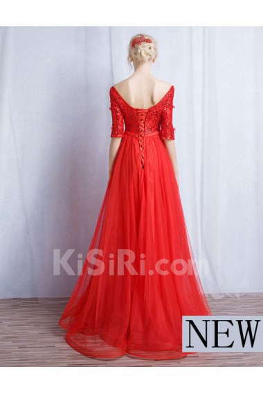 Tulle, Lace Off-the-Shoulder Floor Length Half Sleeve A-line Dress with Sash