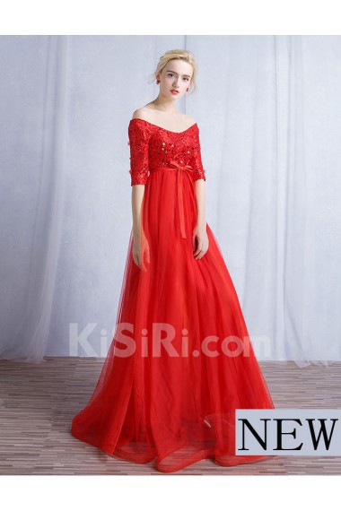 Tulle, Lace Off-the-Shoulder Floor Length Half Sleeve A-line Dress with Sash