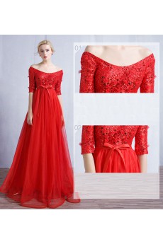 Tulle, Lace Off-the-Shoulder Floor Length Half Sleeve A-line Dress with Sash