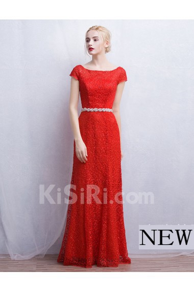 Lace Scoop Floor Length Cap Sleeve Sheath Dress with Rhinestone