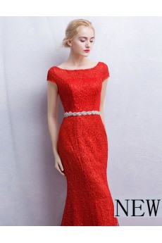 Lace Scoop Floor Length Cap Sleeve Sheath Dress with Rhinestone