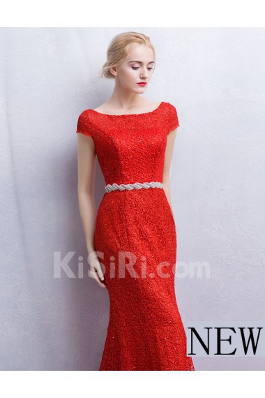 Lace Scoop Floor Length Cap Sleeve Sheath Dress with Rhinestone