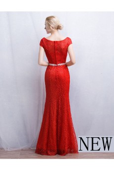 Lace Scoop Floor Length Cap Sleeve Sheath Dress with Rhinestone