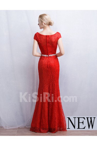 Lace Scoop Floor Length Cap Sleeve Sheath Dress with Rhinestone