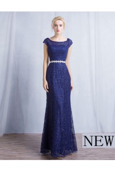 Lace Scoop Floor Length Cap Sleeve Sheath Dress with Rhinestone