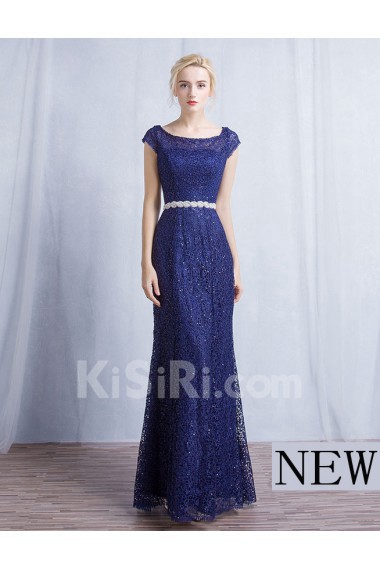 Lace Scoop Floor Length Cap Sleeve Sheath Dress with Rhinestone