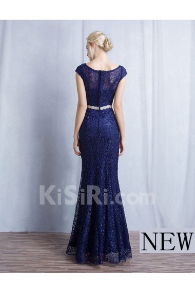 Lace Scoop Floor Length Cap Sleeve Sheath Dress with Rhinestone