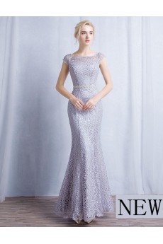 Lace Scoop Floor Length Cap Sleeve Sheath Dress with Rhinestone