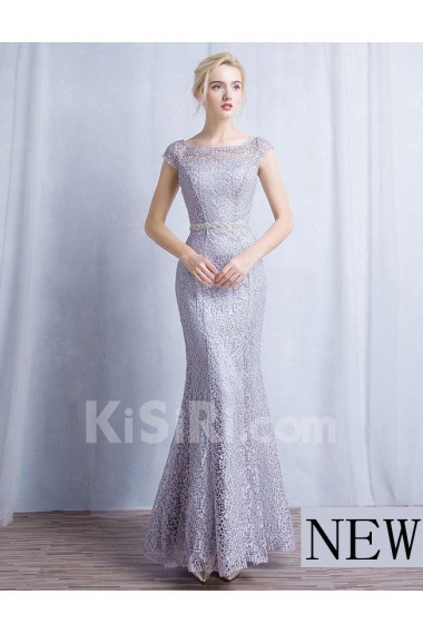 Lace Scoop Floor Length Cap Sleeve Sheath Dress with Rhinestone