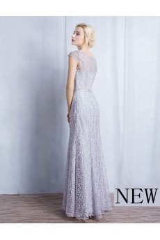 Lace Scoop Floor Length Cap Sleeve Sheath Dress with Rhinestone