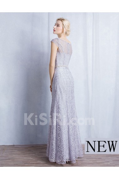 Lace Scoop Floor Length Cap Sleeve Sheath Dress with Rhinestone