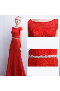 Lace Scoop Floor Length Cap Sleeve Sheath Dress with Rhinestone