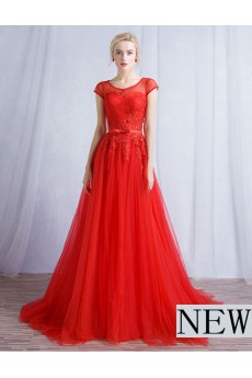 Tulle, Lace Scoop Sweep Train Cap Sleeve A-line Dress with Sequins, Bow