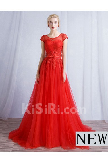 Tulle, Lace Scoop Sweep Train Cap Sleeve A-line Dress with Sequins, Bow