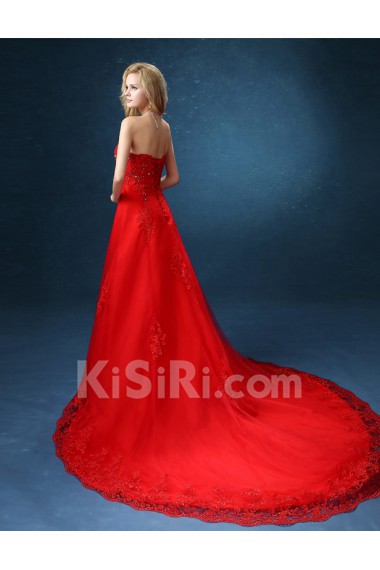 Organza Strapless Chapel Train Sleeveless A-line Dress with Lace, Sequins, Rhinestone