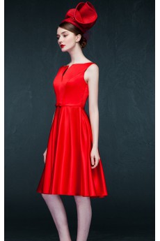 Satin V-neck Knee-Length Sleeveless A-line Dress with Bow