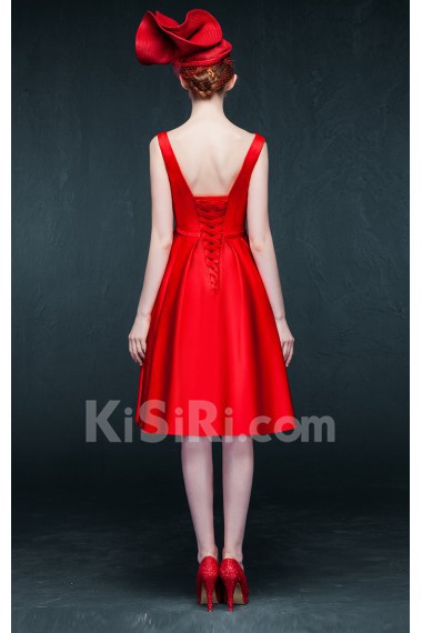 Satin V-neck Knee-Length Sleeveless A-line Dress with Bow