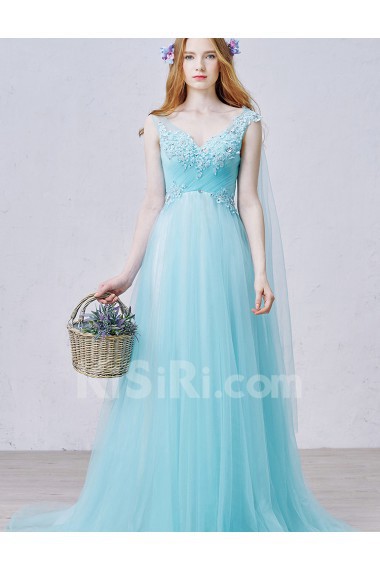 Lace, Tulle V-neck Sweep Train Sleeveless A-line Dress with Bead