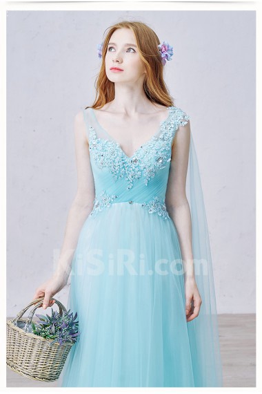 Lace, Tulle V-neck Sweep Train Sleeveless A-line Dress with Bead