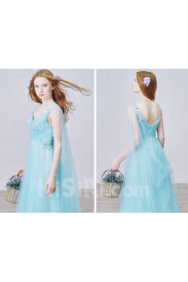 Lace, Tulle V-neck Sweep Train Sleeveless A-line Dress with Bead