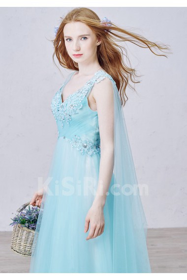 Lace, Tulle V-neck Sweep Train Sleeveless A-line Dress with Bead