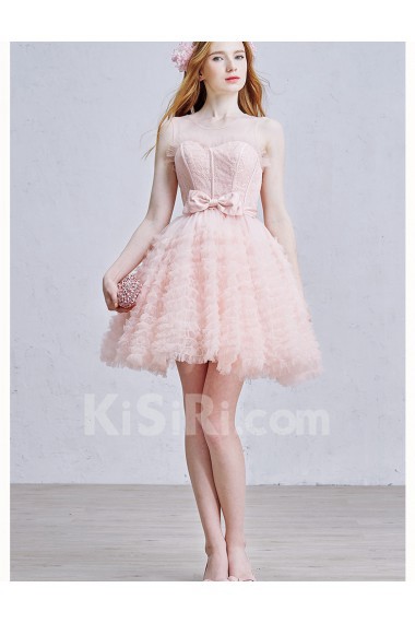 Lace, Tulle Jewel Mini/Short Sleeveless Ball Gown Dress with Bow