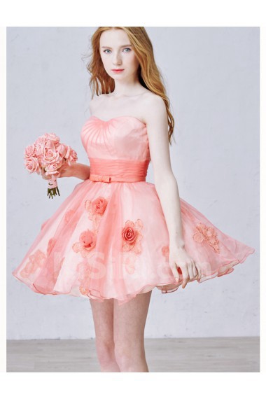 Tulle Strapless Mini/Short Sleeveless Ball Gown Dress with Handmade Flowers, Bow