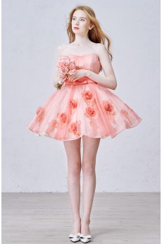 Tulle Strapless Mini/Short Sleeveless Ball Gown Dress with Handmade Flowers, Bow