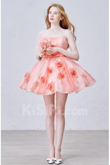 Tulle Strapless Mini/Short Sleeveless Ball Gown Dress with Handmade Flowers, Bow