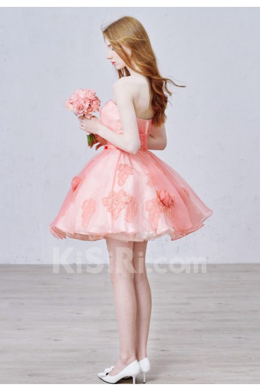 Tulle Strapless Mini/Short Sleeveless Ball Gown Dress with Handmade Flowers, Bow