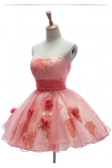 Tulle Strapless Mini/Short Sleeveless Ball Gown Dress with Handmade Flowers, Bow