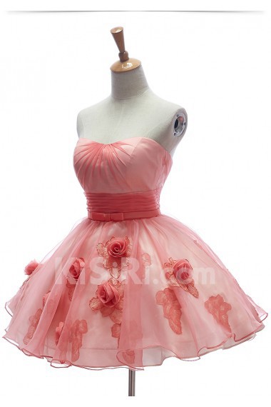 Tulle Strapless Mini/Short Sleeveless Ball Gown Dress with Handmade Flowers, Bow