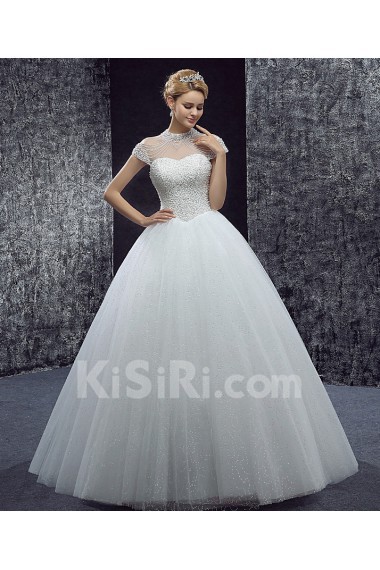 Tulle Halter Floor Length Cap Sleeve Ball Gown Dress with Sequins, Beads