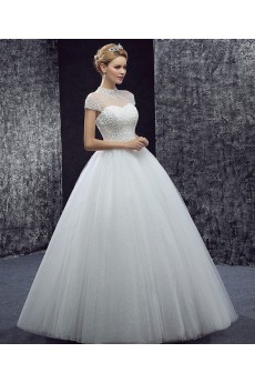 Tulle Halter Floor Length Cap Sleeve Ball Gown Dress with Sequins, Beads