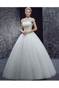 Tulle Halter Floor Length Cap Sleeve Ball Gown Dress with Sequins, Beads