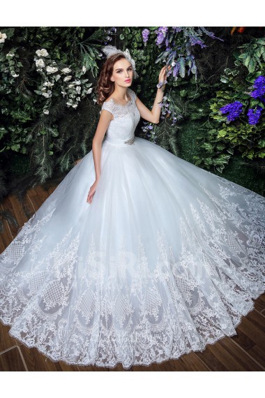 Organza, Lace Bateau Floor Length Cap Sleeve Ball Gown Dress with Rhinestone