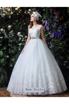 Organza, Lace Bateau Floor Length Cap Sleeve Ball Gown Dress with Rhinestone