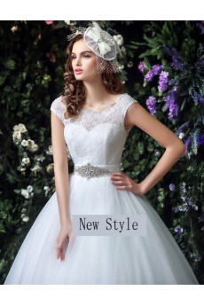 Organza, Lace Bateau Floor Length Cap Sleeve Ball Gown Dress with Rhinestone