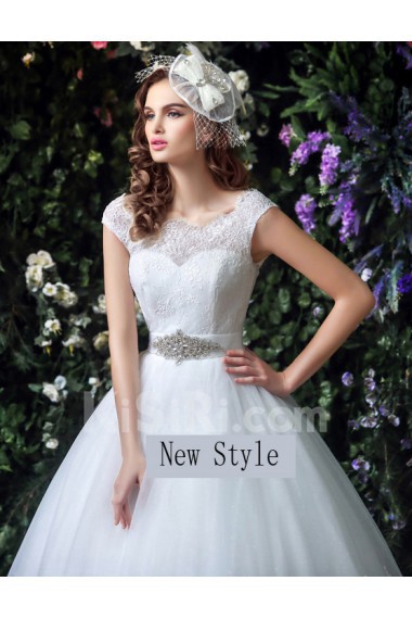 Organza, Lace Bateau Floor Length Cap Sleeve Ball Gown Dress with Rhinestone