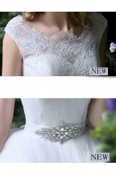 Organza, Lace Bateau Floor Length Cap Sleeve Ball Gown Dress with Rhinestone