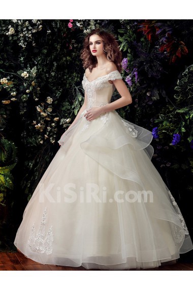 Satin, Organza, Tulle, Lace Off-the-Shoulder Floor Length Short Sleeve Ball Gown Dress with Handmade Flowers