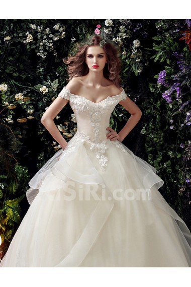 Satin, Organza, Tulle, Lace Off-the-Shoulder Floor Length Short Sleeve Ball Gown Dress with Handmade Flowers