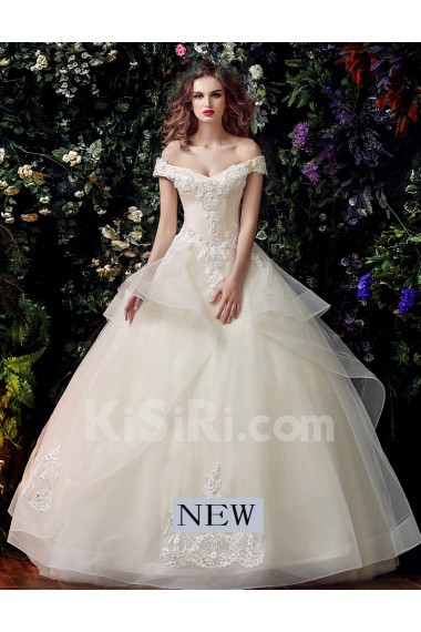 Satin, Organza, Tulle, Lace Off-the-Shoulder Floor Length Short Sleeve Ball Gown Dress with Handmade Flowers