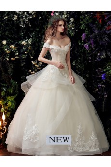 Satin, Organza, Tulle, Lace Off-the-Shoulder Floor Length Short Sleeve Ball Gown Dress with Handmade Flowers